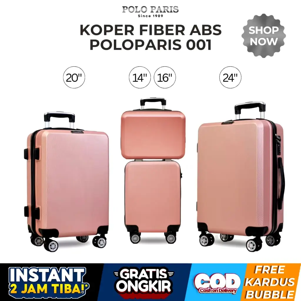 POLOPARIS - Koper Polos 001 16/20/24 Inch Fiber Abs Kunci Tanam Kombinasi 3 Angka Roda 360