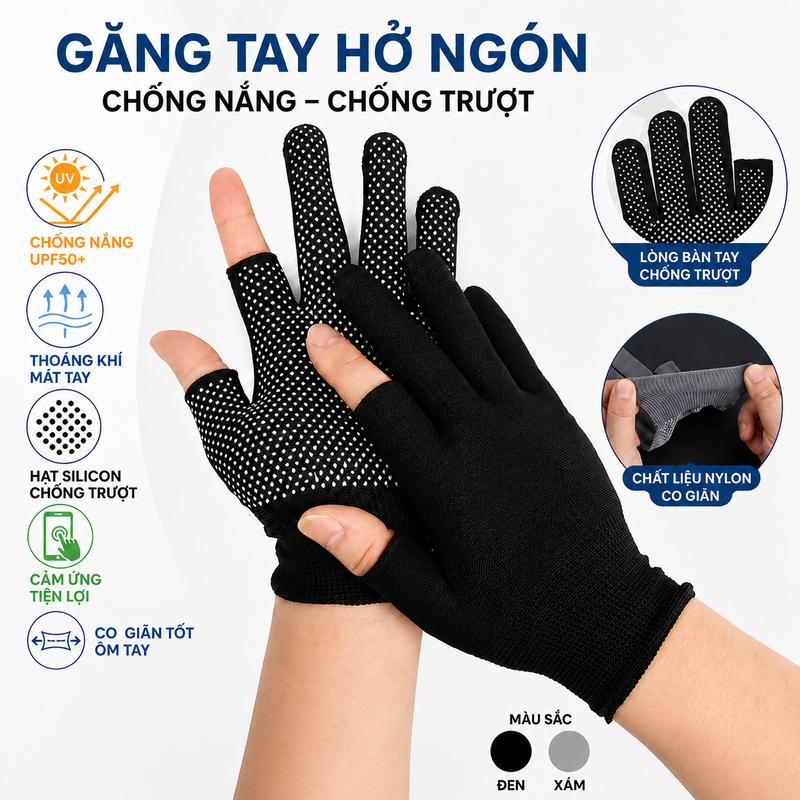 Găng Tay Hở Ngón Chống Nắng Nylon Thoáng Khí Co Giãn Chống Trượt Silicon Cảm Ứng Đi Xe Máy Đạp Xe Lái Xe