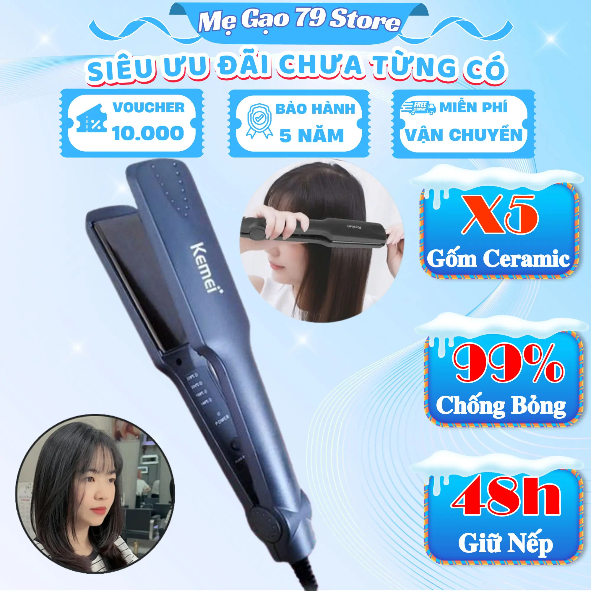 Máy Là Tóc Bản To Có 4 Mức Chỉnh Nhiệt Kemei KM329 Women Nữ