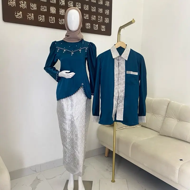 (Batik_sahati) CUNDAMANI BAJU COUPLE KURUNG MELAYU SONGKET Warna Emerald Blue baju lamaran baju tunangan baju kondangan