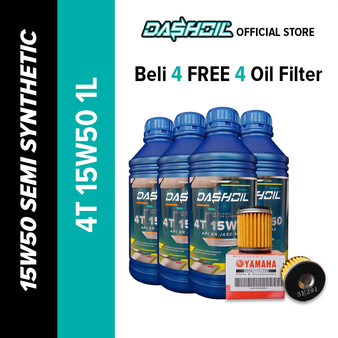 DashOil 4T Semi Sintetik 15W50 API SN JASO MA2 1 LITER (Package 4 Bottles + FREE 4pcs LC Oil Filter)