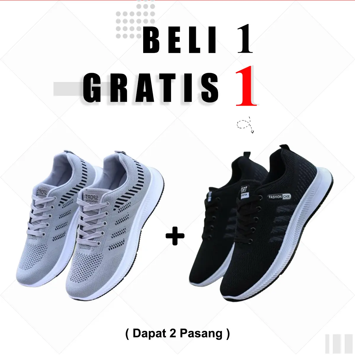 PROMO !!! BELI 1 GRATIS 1 Sepatu Sneakers Abu dan Hitam Pria Wanita Kasual Casual Shoes