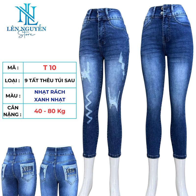 T10 [ Len Nguyen Store ] Quần Jean (Bò) Nữ 9 Tất, Lưng Cao 2 Nút, Dài 85-90cm, Màu Xám, Xanh, Size 40kg-80kg, Thiết Kế Thêu Túi Sau, Co Giãn, Mền Mịn, Bigsize, Hotgirl, Skinny, Ống Ôm, Trẻ Trung, Tự Tin, Dễ Phối Đồ. Women Pants Denim