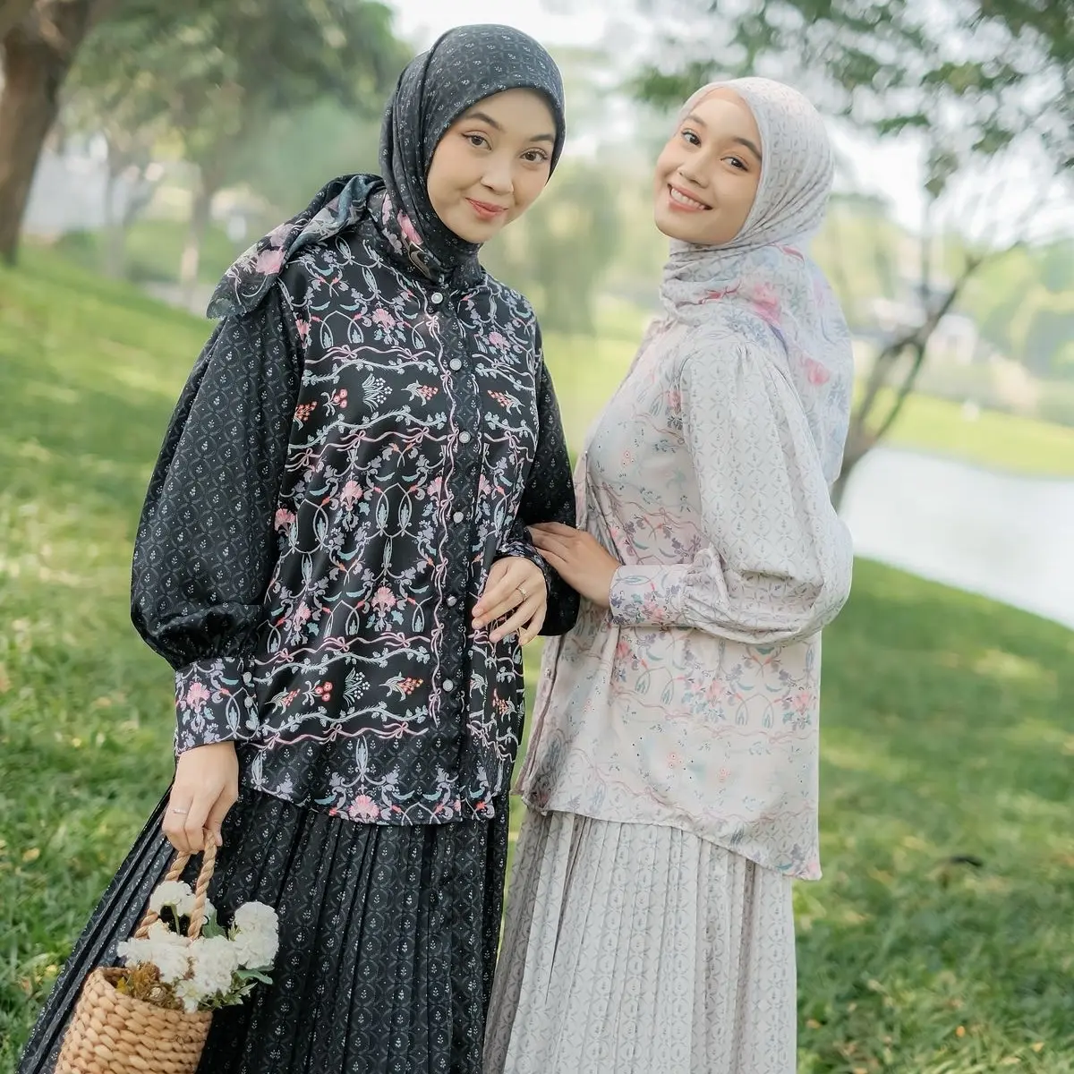 Rumibykyla - Nadeen Set 3 in 1 Atasan Rok Pleats Wanita Bahan Silk dan Hijab voal Motif