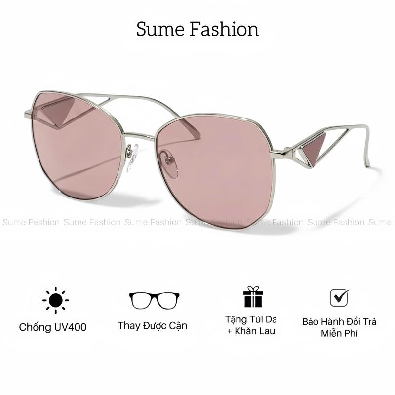  M21 Mắt kính mát nam nữ tròng kính mắt màu hồng chống nắng gọng kính kim loại đa giác thời trang 