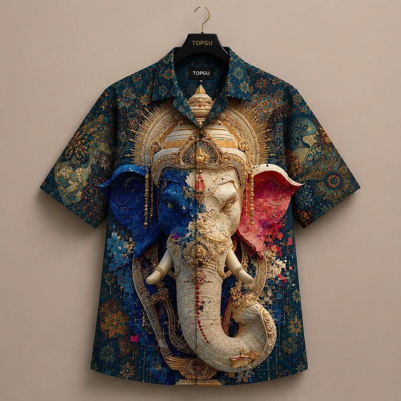 Áo sơ mi TOPGU họa tiết hoa dâm bụt Màu Kem, vải lụa thoáng mát. Menswear Nam…