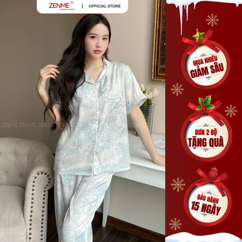 DEAL MỞ BÁN Bộ Ngủ Pijama ZENME Tay Ngắn Quần Dài Lụa Vân Gỗ Cao Cấp Họa Tiết Sang Chảnh PJD1025