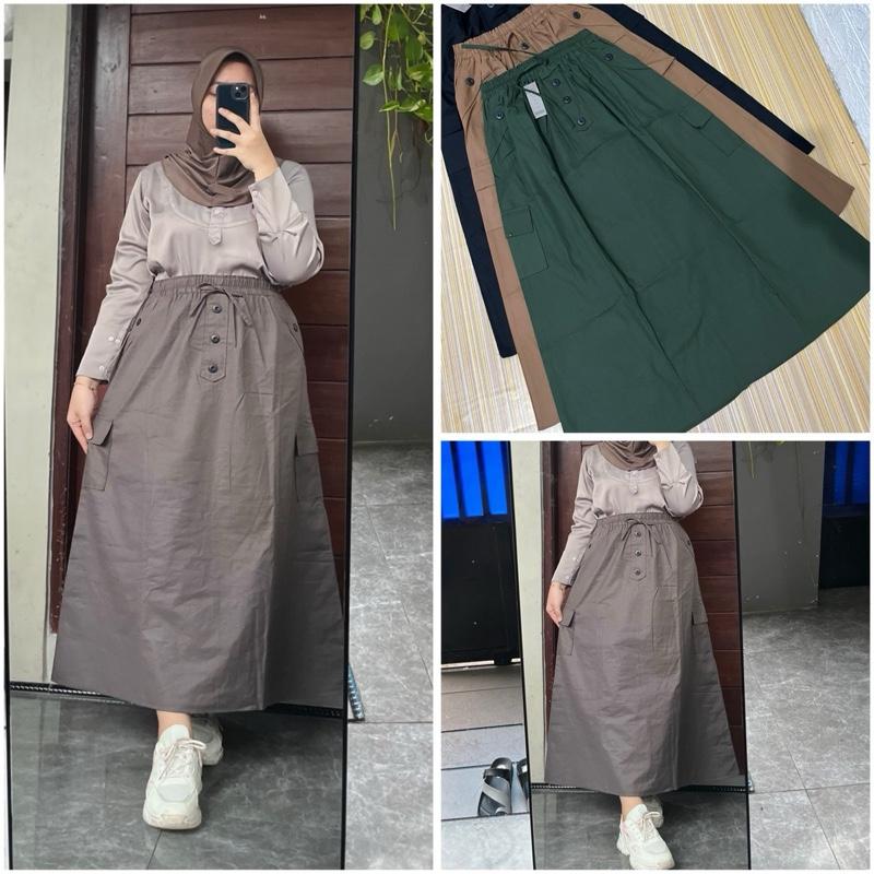 Yoorah Skirt Rok cargo wanita bahan katun cigaret  Hitam pakai Serut pinggang rok Dewasa Casual Bawahan rok Panjang Variasi Kancing Nyaman 0