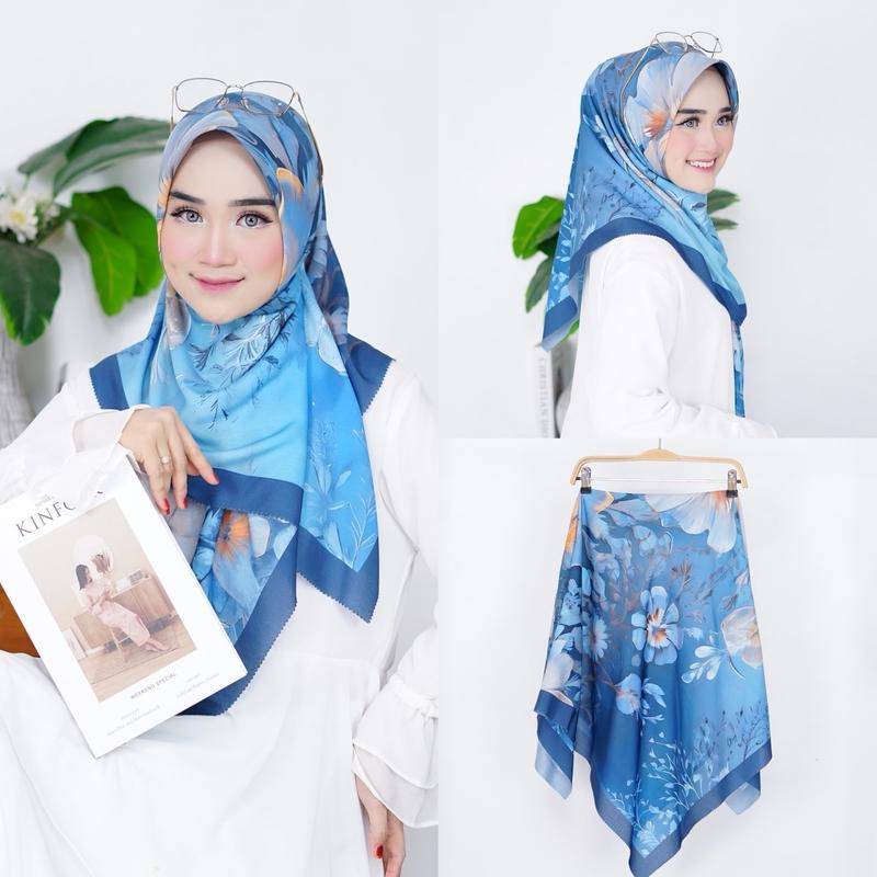 ( SERIES RUSHEL 1-100 ) Hijab Motif Terbaru Segiempat Motif  Bunga Denay Motif 2024 Katun Voal  Nyaman Muslim Square 1