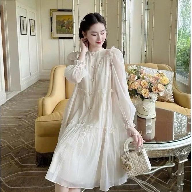  Váy bầu thiết kế dài tay tơ ánh cao cấp 3 tầng cho phong cách thanh lịch và sang trọng 