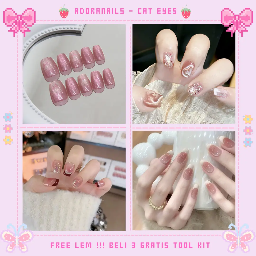 AdoraNails - [Koleksi CAT EYE BOX] Kuku Palsu dan Lem / Cat Eye / 3D / Fake Nail / Nail Art 24/30 pcs Coquette Y2K Cute Daily untuk Wisuda / Wedding / Bridal / Party Manicure Set Stainless Steel Polish Cat Kutek Elegant Tangan
