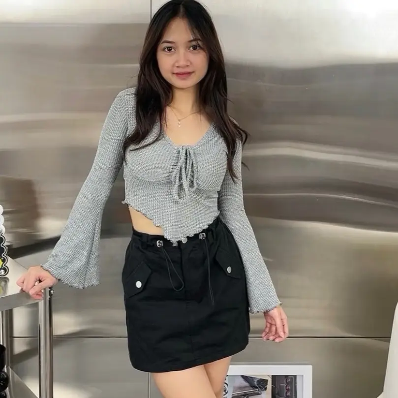 Waffle crop top lonceng serut lengan panjang / crop top rib viral / GINA TOP WAFFLE