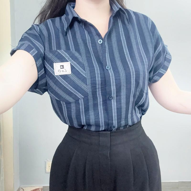  Áo sơ mi Croptop ngắn tay kẻ sọc form vừa vặn chất đũi jean chống nhăn thoáng mát B13 