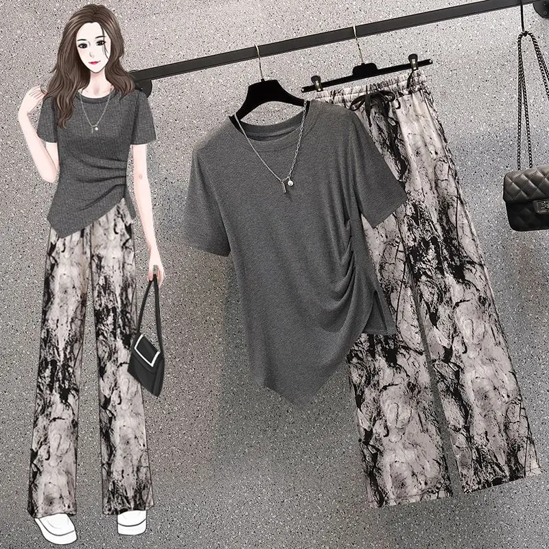 Large Size Design Sense Irregular Slit T-shirt Top Tie-Dyed Wide-Leg Pants Belly-Covering Set Womenswear Overalls Suits Lingerie