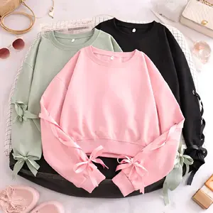 SWEATER CREWNECK LENGAN PANJANG ANAK PEREMPUAN POLOS MODEL CROP LENGAN TALI PITA FASHION TERKINI