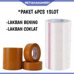 Lakban Bening & Coklat 1 Slop Isi 6pcs 45mm 90Y dan 200Y Tahan Lama Paket Hemat