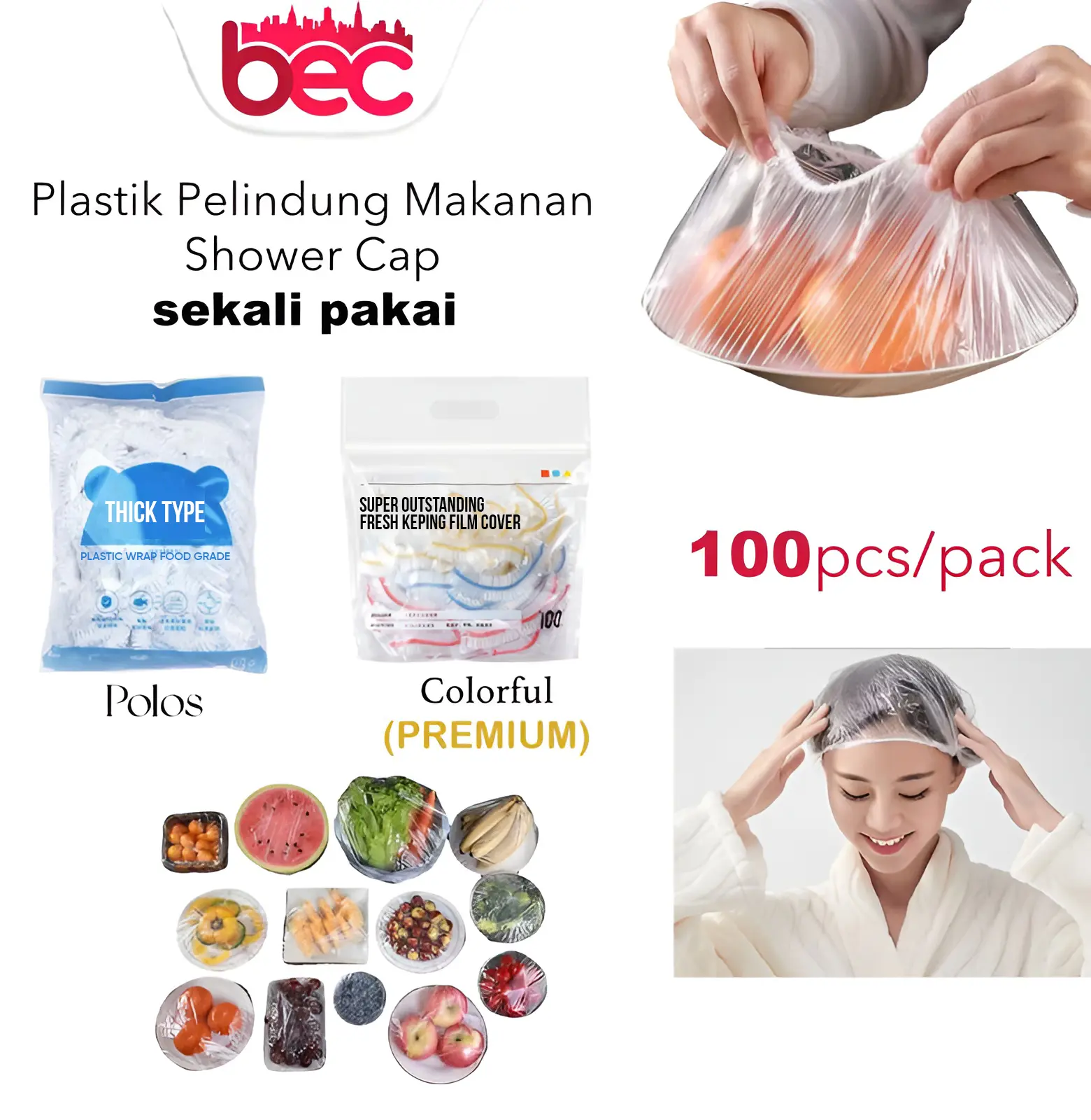 [100Pcs] Plastik Pelindung Makanan / Penutup kepala mandi Shower Cap hotel salon