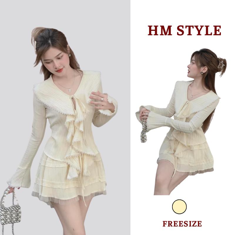 Sét Áo Váy Tiểu Thư Nữ Tính Set Bộ Đồ Nữ Bánh Bèo Phối Ren Áo Buộc Dây Kèm Chân Váy Xòe Có Quần Trong HB156 HM Style Chất Liệu Đũi Gân