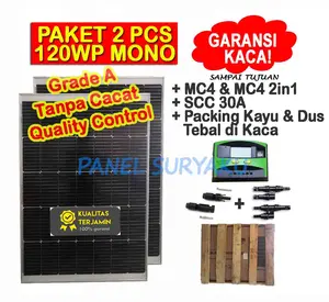 Paket 2pcs Panel Surya 120wp Mono + SCC 30A + MC4 2in1 + Packing Kayu