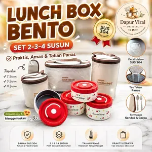 Lunch Box Stainless Steel  Cerry SUS 304 600ml & 400ml + Sendok Garpu + Tas Cocok untuk Makan Siang Susun 2 3 4 Kitchenware Praktis dan Aman