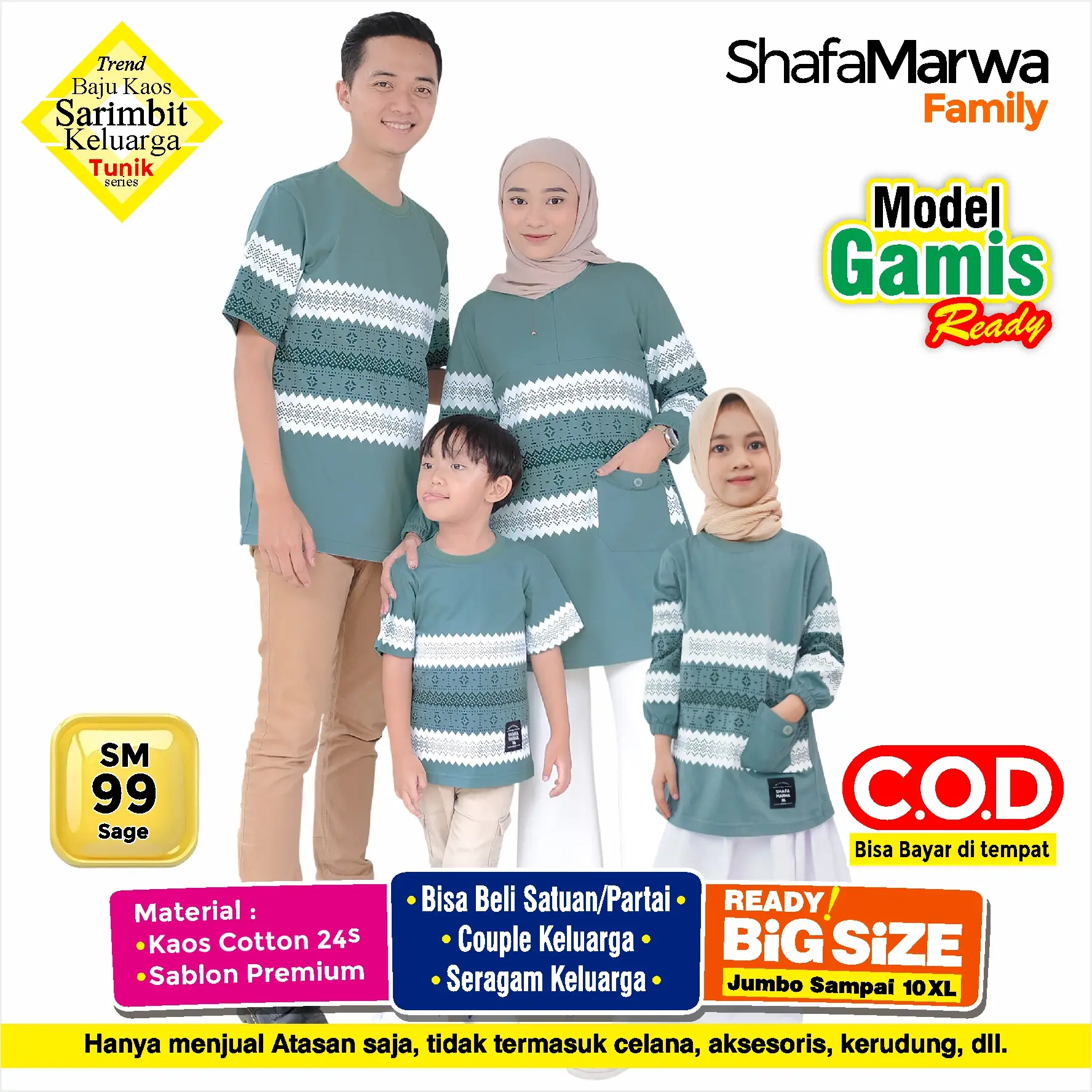 Shafamarwa Kaos Couple Keluarga Baju Atasan Tunik Sarimbit Family Ayah Ibu Wanita dan Anak Cowok Cewek SM99 Sage Pasangan Dewasa Katun Pendek Lebaran set