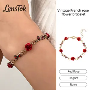 【LensTok】Gelang Mawar Merah Retro Wanita Gelang Trendi yang Dipersonalisasi Gelang Bunga yang Menawan