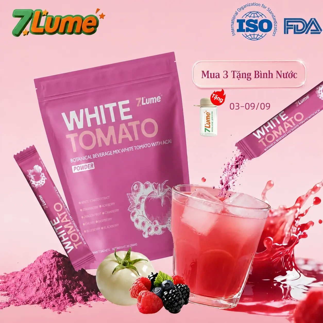 7LUME Cà Chua Trắng 5600mg-Mỗi ngày 1 gói White Tomato|Glutathione | Da Trông Sáng Rạng Rỡ Hơn,chống oxy hóa, Hỗ trợ giảm mụn,tăng cường miễn dịch,làm mờ sắc tố da，Hỗ trợ chống tia UV|Kết hợp 8 loại quả mọng như Acai|Giàu Vitamin C|7 Gói Thanh