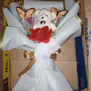 Buket Boneka Mini dan kupu kupu led plus bunga / Buket Bunga Mawar Artificial untuk Ulang tahun cewek cowok / Buket  Wisuda / Anniversary  / Bouqet Pakai Lampu