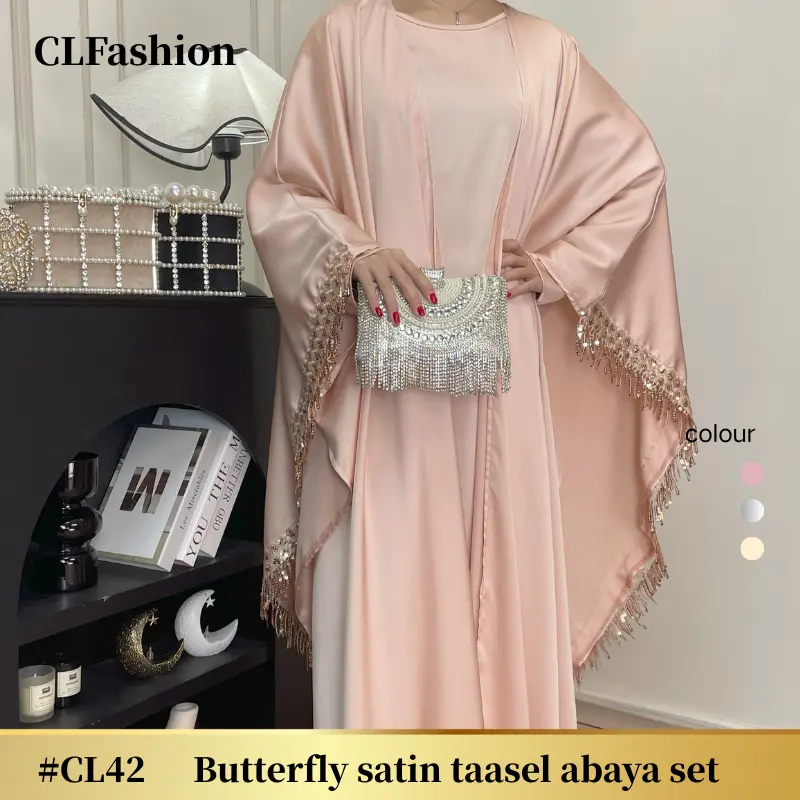 #CL42 Butterfly satin taasel abaya set, two pieces with inner dress, suitable for daily wear, gorgeous for parties,evening dress,luxurious texture,
