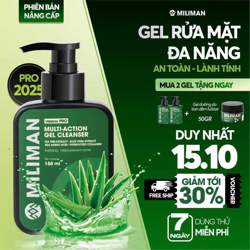 [PRO] Sữa Rửa Mặt Nam Giới Dạng Gel MILIMAN 150ML - Bổ Sung Chiết Xuất Lô Hội Và Collagen Thủy Phân Phù Hợp Cho Da Dầu | Mua 2 Chai Tặng 1 Gel Dưỡng Đêm 5In1 Pro 50gram