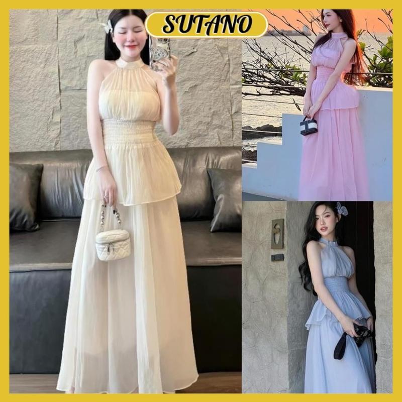 Set đồ đi biển áo cổ yếm chun eo phối chân váy dài voan tơ bồng bềnh maxi đi biển hàng đẹp B950 SUTANO