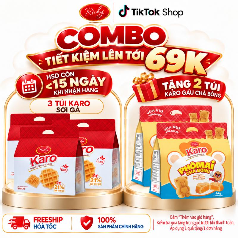 Combo 3 Túi Karo Chà Bông HSD < 15 Ngày Khi Nhận, Bánh Richy Sợi Gà Ăn Sáng Tiện Lợi