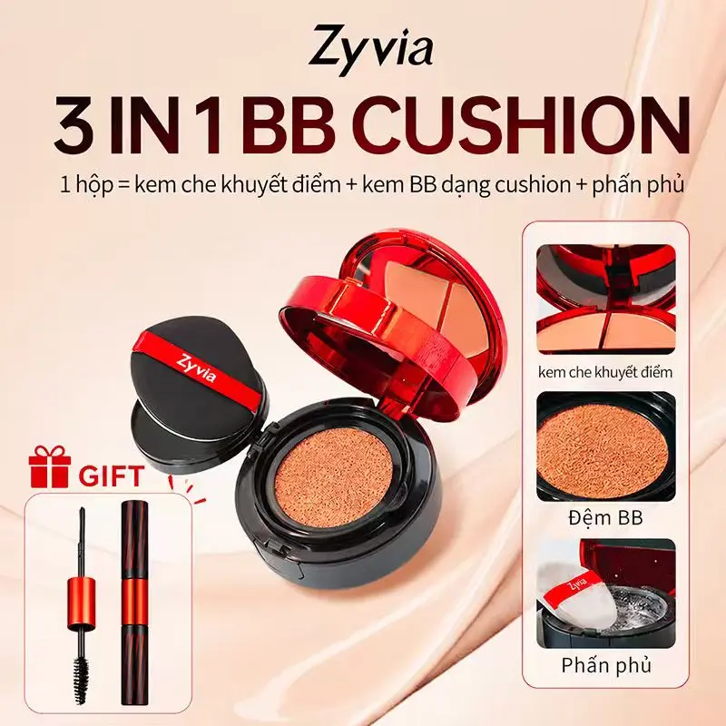 （Mua 1 tặng 1）Cushion ZYVIA 3 Trong 1, che khuyết điểm + phấn nước + phấn phủ, nhẹ, chống nước và lâu trôi