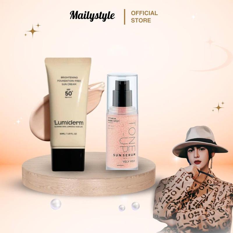  S28_COMBO 1 tuýp Kem chống nắng brightening foundation-free sun cream spf50 PA++++ tuýp 50ml  C08 + 1 Tuýp Serum Chống Nắng Nâng Tone Sun Serum Vely Vely Vitamin Dark Spot Tone-up SPF 50+ PA++++  A213  