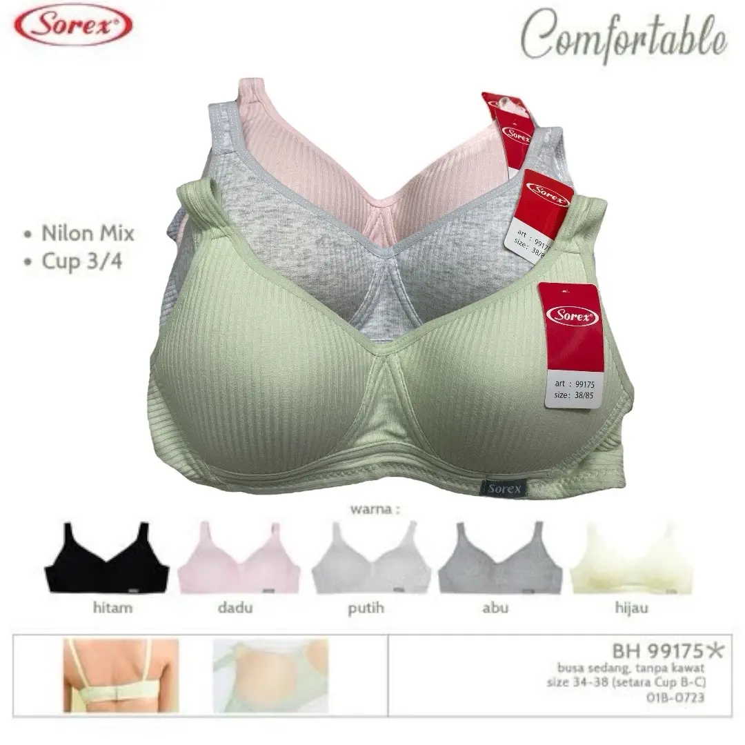 isi 1/2 PCS BH Sorex 99175 BUSA TIPIS size 34-38 | Tanpa Kawat Kancing 3 Cutting 3/4 [ Cup B ] Poliester Lembut