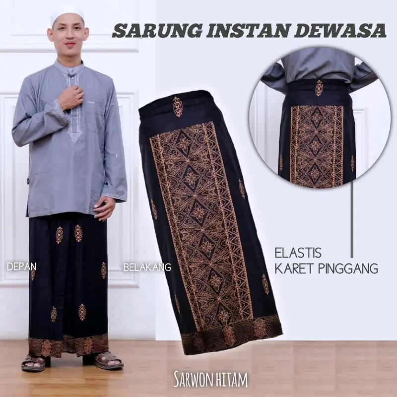 Sarung Instan Dewasa Motif Sarwon Tenun rayon Bahan Halus Modis dan Praktis Muslim - Kain, Pria Bali Putih Hitam 3