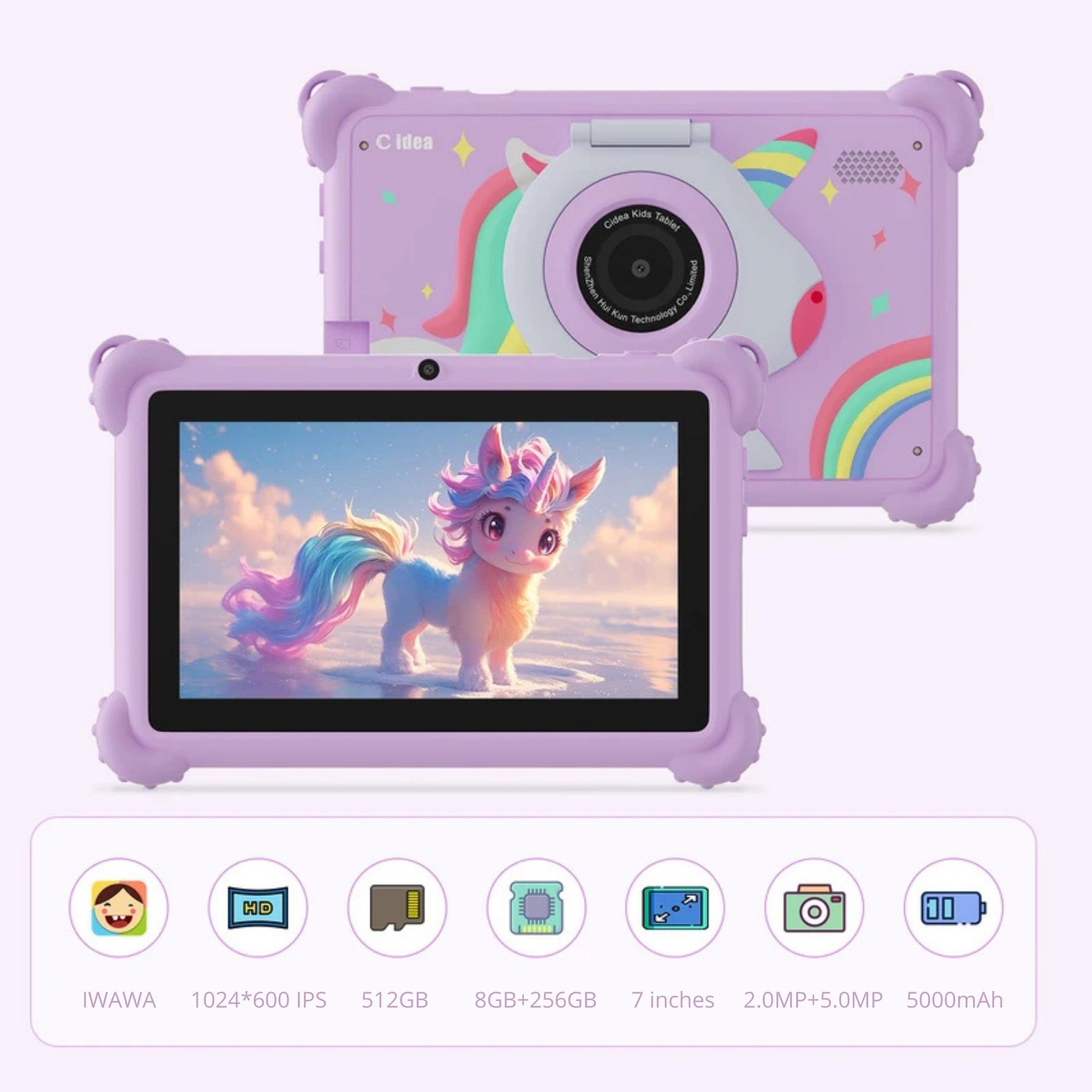 Tablet Anak C Idea Android 15 layar 7 Inch RAM 8GB+ROM 256GB Support 512GB 1024x600 IPS Baterai 5000mAh Kamera 2MP+5MP Case Unicorn Anti Shock Tablet Edukasi & Hiburan Anak dengan Parental Control tablet anak android tablet anak murah ungu dan biru