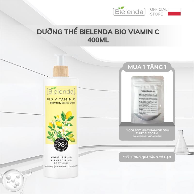  SUPER DEAL  - Dưỡng thể Bielenda Bio Vitamin C dưỡng ẩm làm đẹp da 400ml tặng bột Niacinamide Thụy Sĩ 25g 