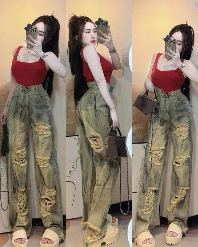    S-XXL DÀI 103CM  QUẦN JEANS NỮ RÁCH KHÔNG GIÃN VẨY SƠN ĐEN LOANG TẠO VỆT TRƯỚC SAU NHIỀU MÀU CÁ TÍNH Pants Khuy Có Túi 