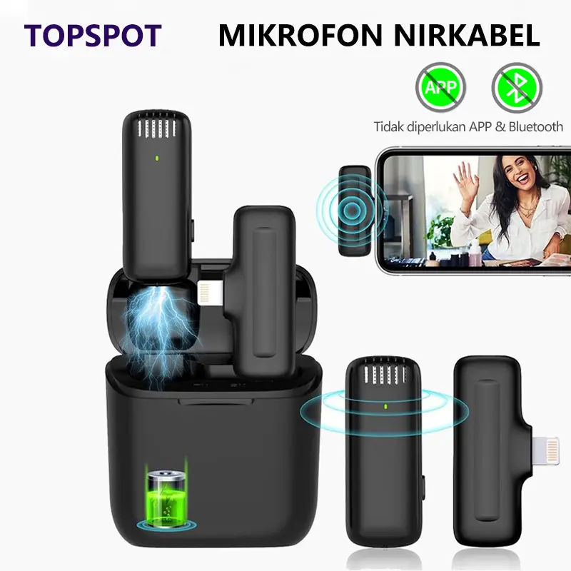 Topspot Mikrofon lavalier mini dengan casing pelindung dan pengisi daya, mikrofon nirkabel portabel plug-and-play,ponsel pintar/komputer/kamera Android, siaran langsung video pendek , mengisi daya ponsel Anda saat merekam Mic Microphone Wireless Bluetooth 0
