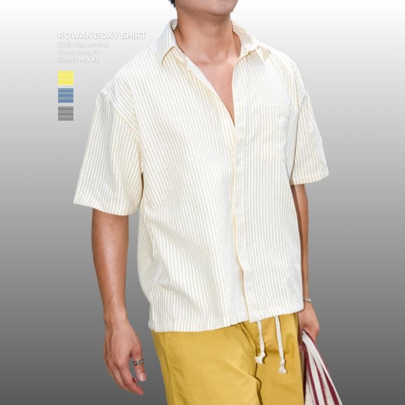 B Brown - Rowan Boxy Shirts Áo Sơ Mi Nam Ngắn Tay Kẻ Sọc Form Boxy Vải Oxford Cao Cấp Màu Vàng Phong Cách Hiện Đại & Thoải Mái Cho Mọi Hoạt Động