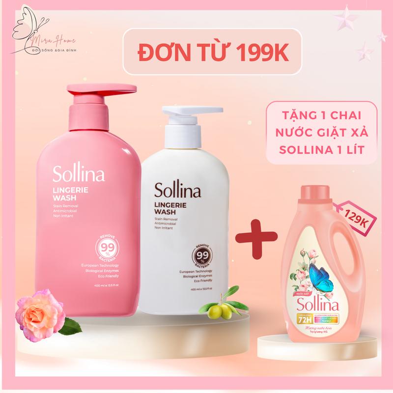 [Mua 2 Tặng 1] Combo 2 Nước Giặt Đồ Lót Sollina 400ML - Kháng Khuẩn, Làm Sạch, An Toàn Cho Da + Tặng 1 Nước Giặt Quần Áo 1L