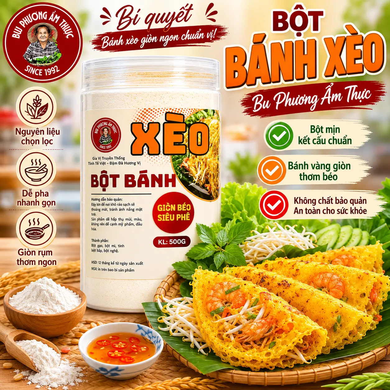 Bột Bánh Xèo Hộp 500G - Thương Hiệu Bu Phương Ẩm Thực (Không Chất Bảo Quản) Bột Chuyên Làm Bánh Xèo Chuẩn Vị Truyền Thống