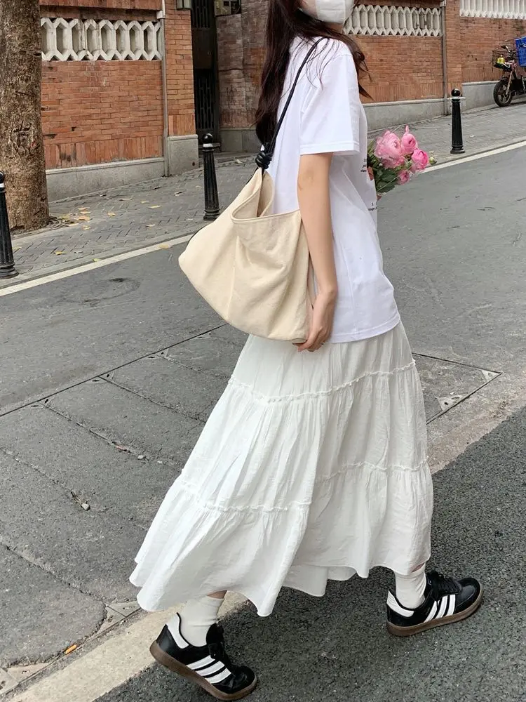 Half-body Skirt Female Summer High-waisted A-line Long Skirt Fluffy Skirt Umbrella Skirt Korean Style Gentle Versatile White Cake Skirt