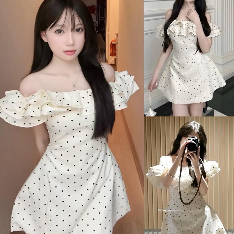 Có BIGSIZE -Sẵn Mút + Kèm Quần ĐẦM TRỄ VAI CHẤM BI TRỄ VAI PHỐI BÈO TẦNG DÁNG XOÈ TIỂU THƠ by PINKS.tore