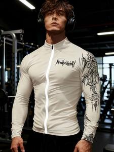 Camiseta para hombre con cuello alto y cremallera, manga larga de tela suave, elástica y cómoda; ideal para gimnasio, correr, entrenamiento intenso y ciclismo al aire libre con estampado.