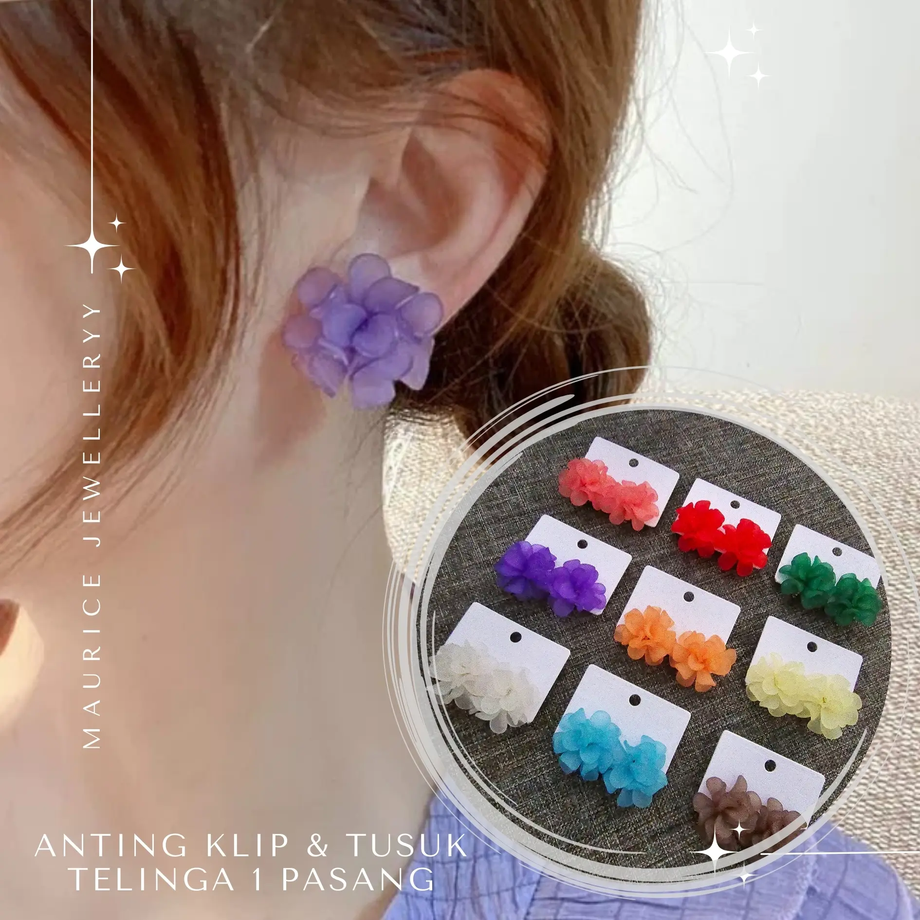 Anting Tusuk Bunga Akrilik Maurice Jewellery Acrylic Pearl, Pilih Warna & Model: Klip/Tusuk dengan Ukuran 2,9 cm Earrings