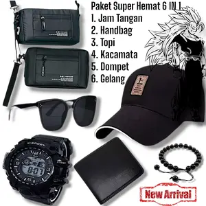 Paket Lengkap 6 IN 1 Jam Tangan Digital, Tas Handbag Slempang Bahu Crossbody bag, Dompet Polos, Kacamata, Topi Distro Ediko, dan Gelang - Watches Aksesoris Elegan Karet