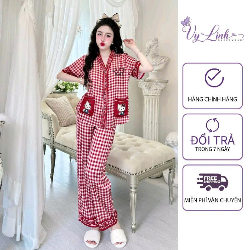 Vy Linh SLEEPWEAR Bộ Đồ Pijama Cổ Y Dành Cho Nữ Hoạ Tiết Sọc Caro Chất Liệu Lụa Latin In 3D Mềm Nhẹ Mát S1080 