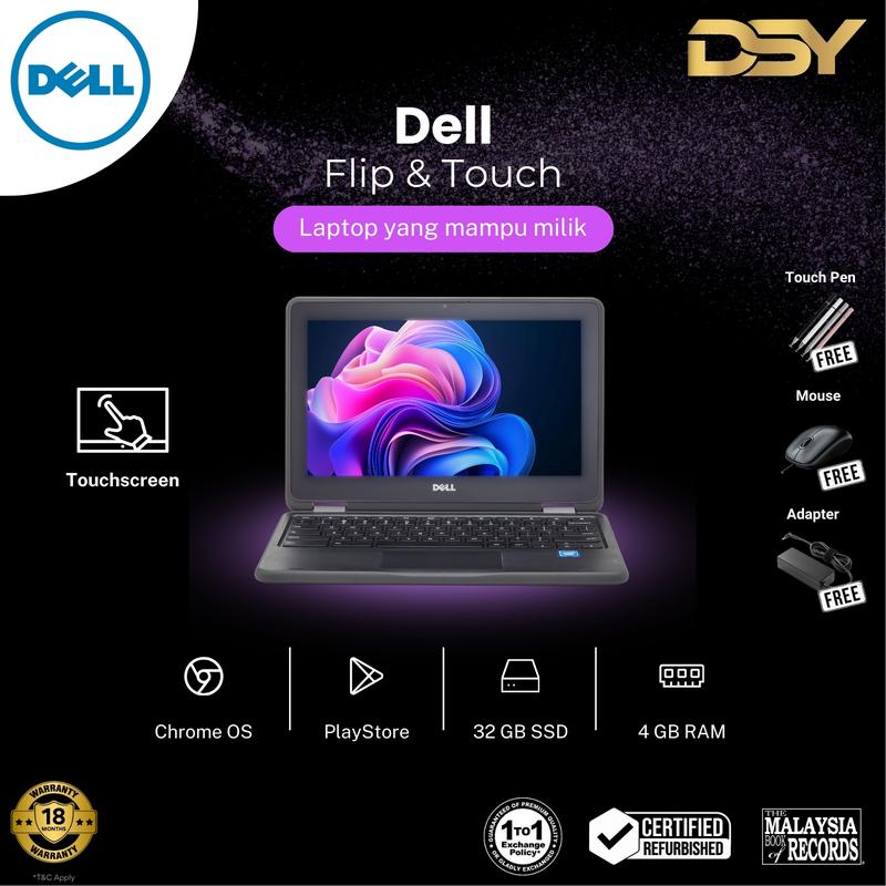 (Refurbished) DELL LAPTOP | Warranty 18 Month | 2 in 1 Tablet Laptop | TOUCH SCREEN | LAPTOP FLIP 360 CHROMEBOOK | PLAY STORE | 4GB RAM l SSD 32GB l Intel Core Celeron | Office Use | Study Use | Laptop Lipat Murah | IMIKAS | DSY REFURBISHED LAPTOP